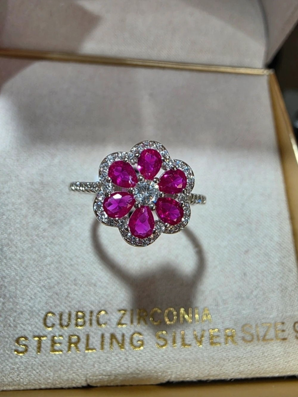 Sterling Silver Flower Ring with Pink Stones